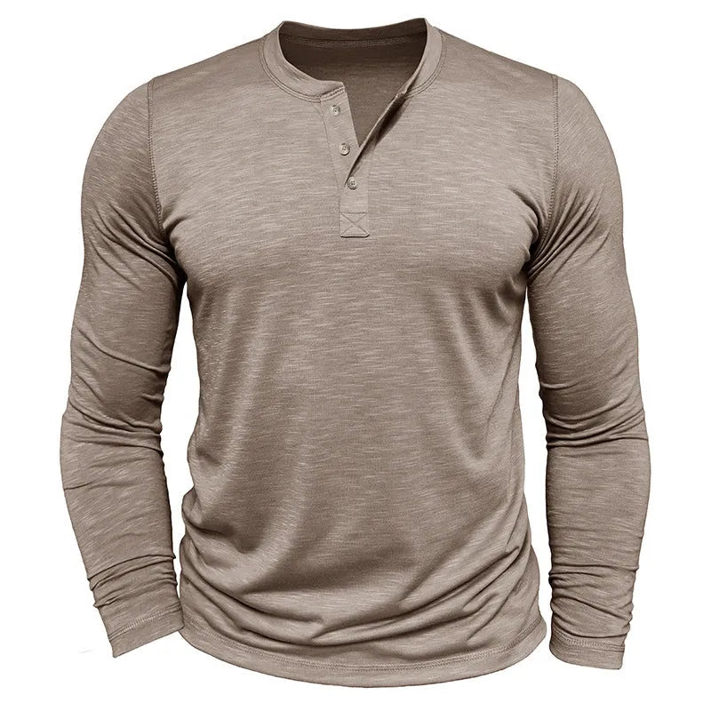 Men's long-sleeved henry collar T-shirt in slub cotton, regular fit, available in multiple colours, shown in army green