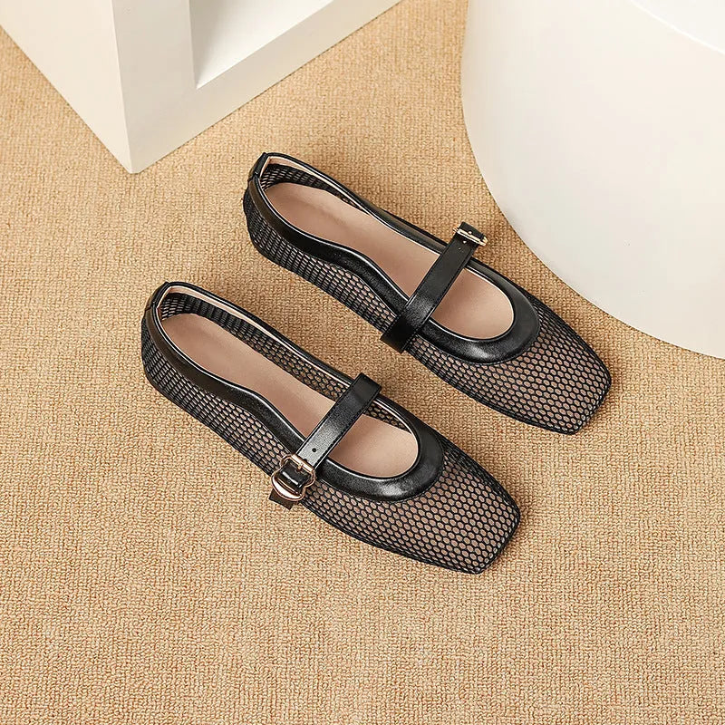 Women's beige mesh summer shoes with buckle fastening and flat square toe