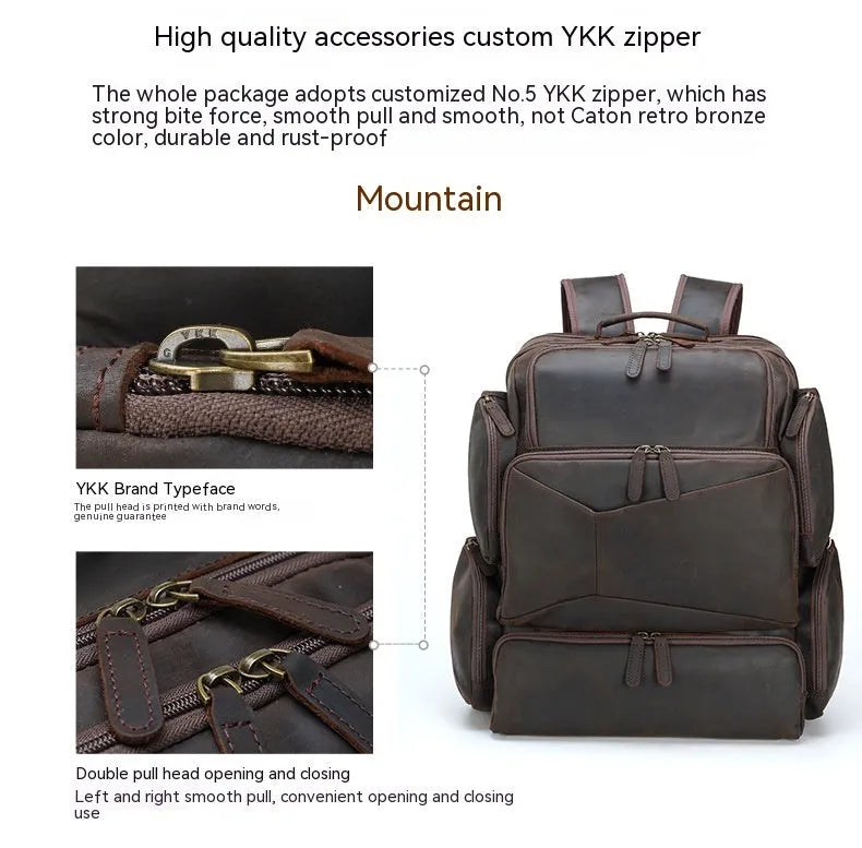 Dark brown genuine leather backpack for men with 17-inch laptop compartment and multiple internal organisers