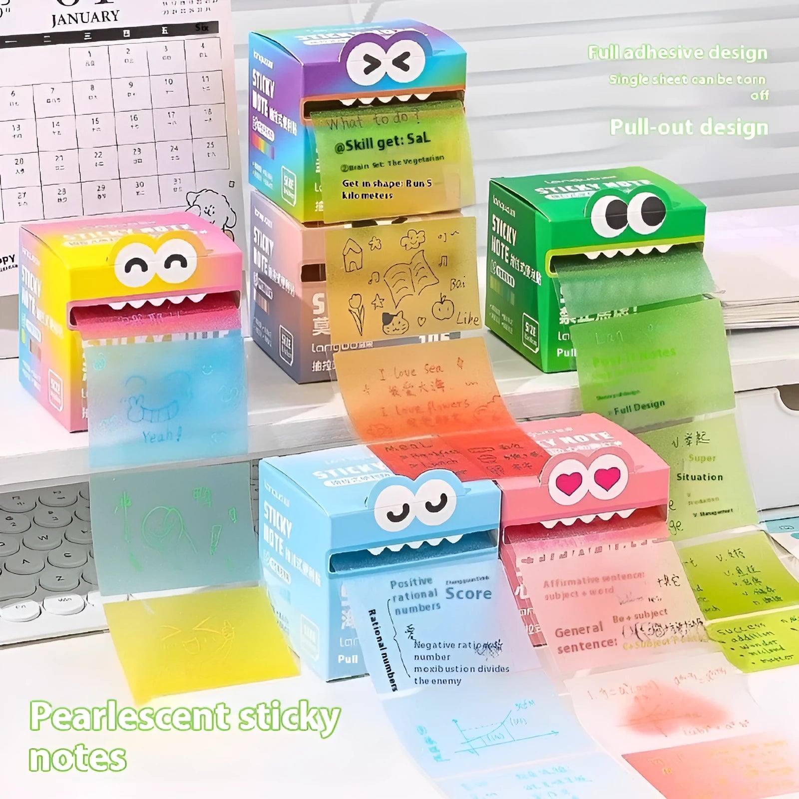 Box of pearl gradient transparent pull-out sticky notes with 105 pages in six student colour options.