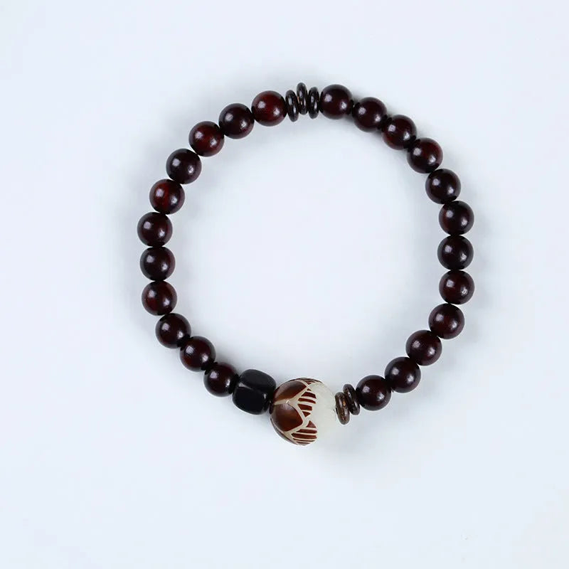 Natural rosewood floral bracelet with knitted construction and 6mm beads in double-ring or single-circle pattern