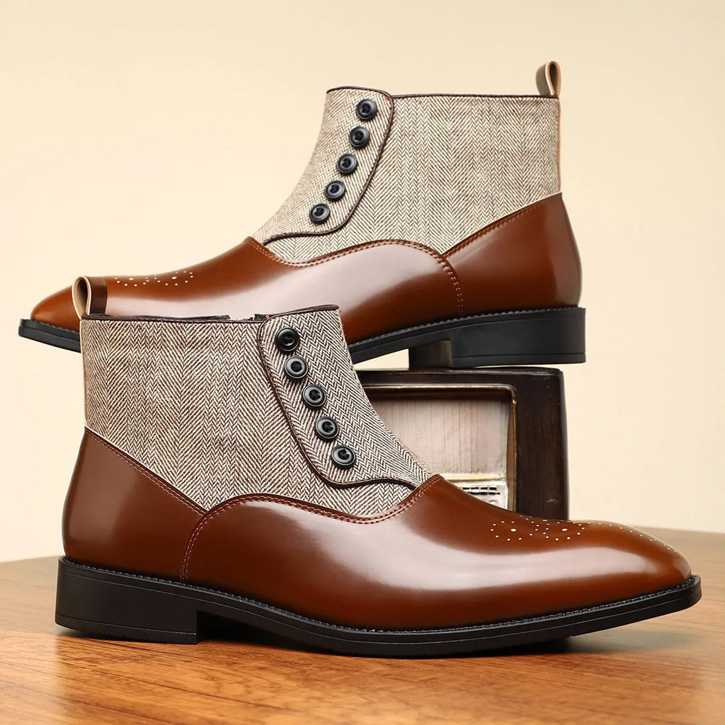Brown men's formal shoes with square toe, side zipper, and low square heel on a rubber sole.