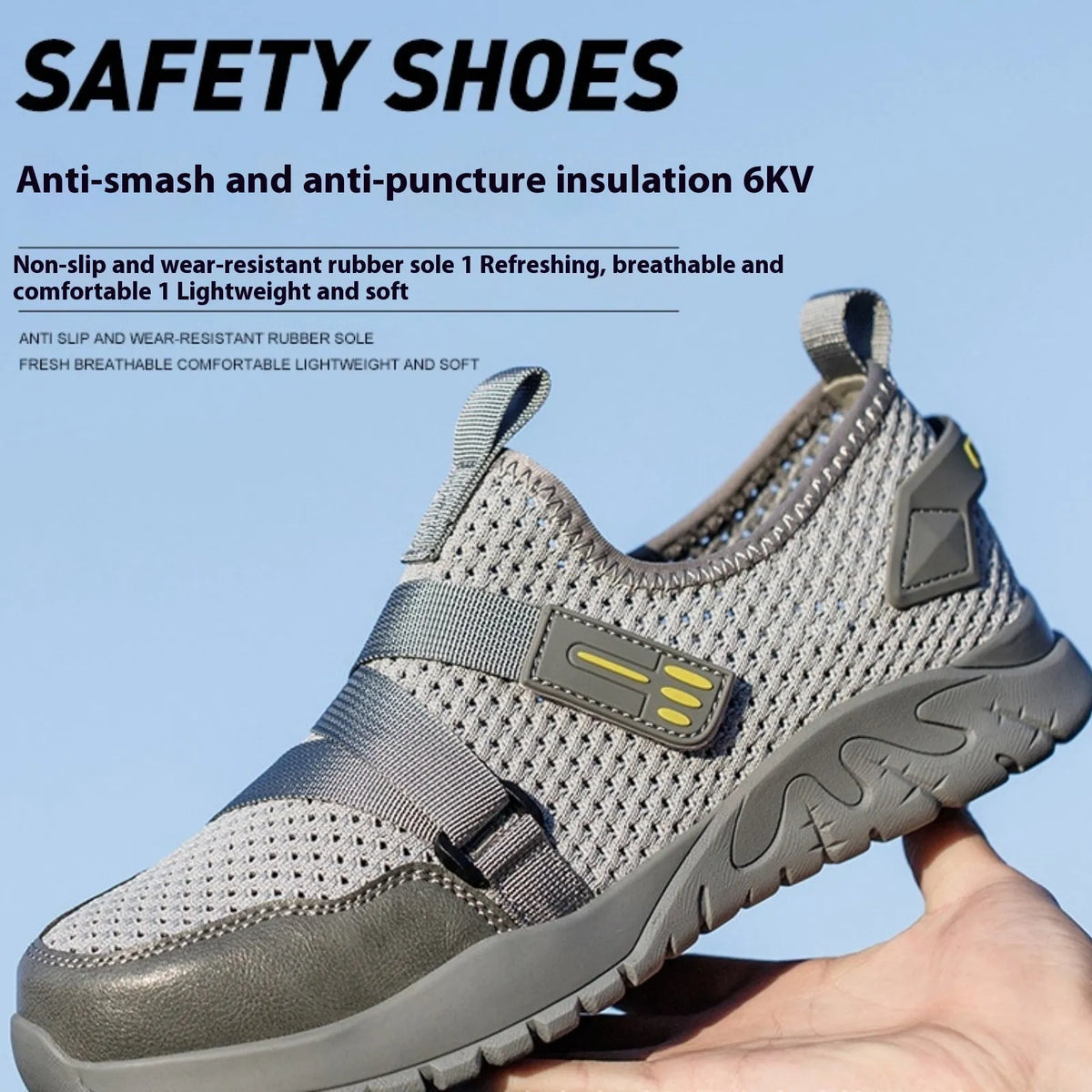 Men's grey safety shoes with steel toe caps, rubber soles, and flying woven upper construction