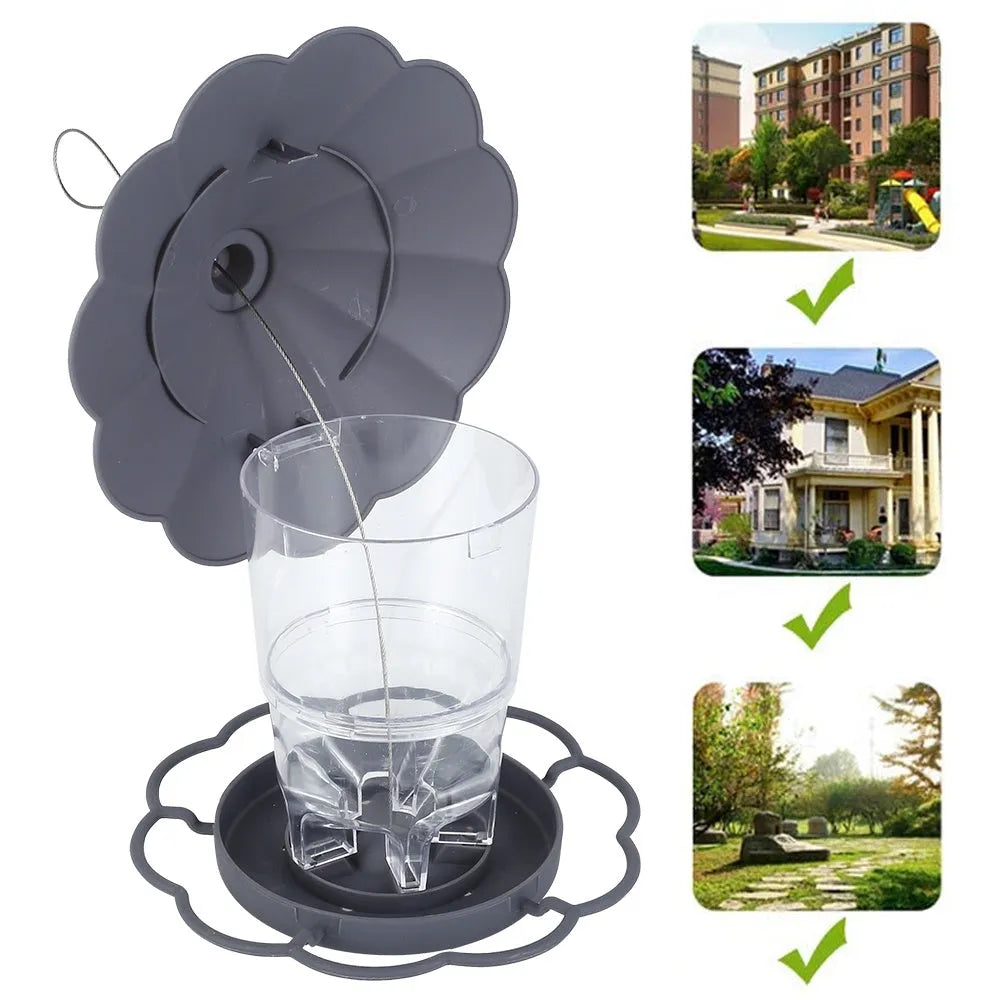 Collapsible wild birds feeder hanging birdcage with removable roof and large capacity bowls in outdoor garden setting