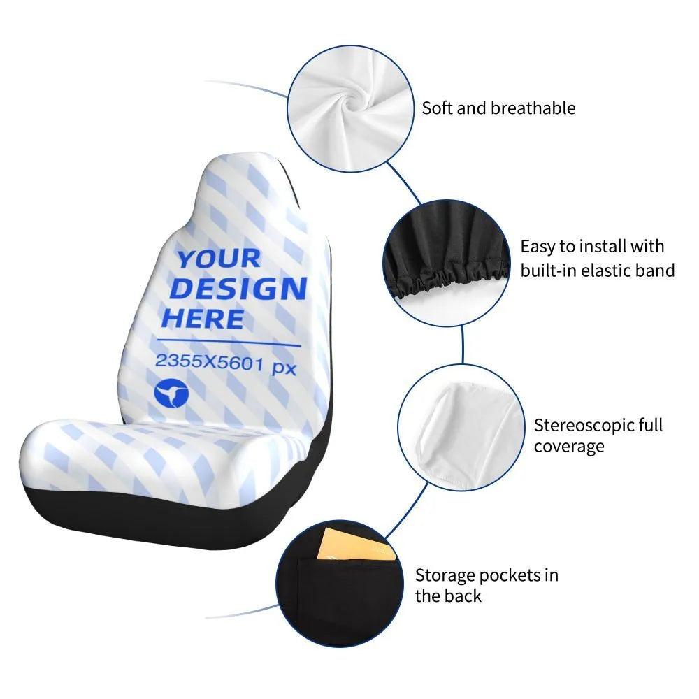Black polyester car seat cover with elastic straps, foam padding, and rear pocket installed on a car seat
