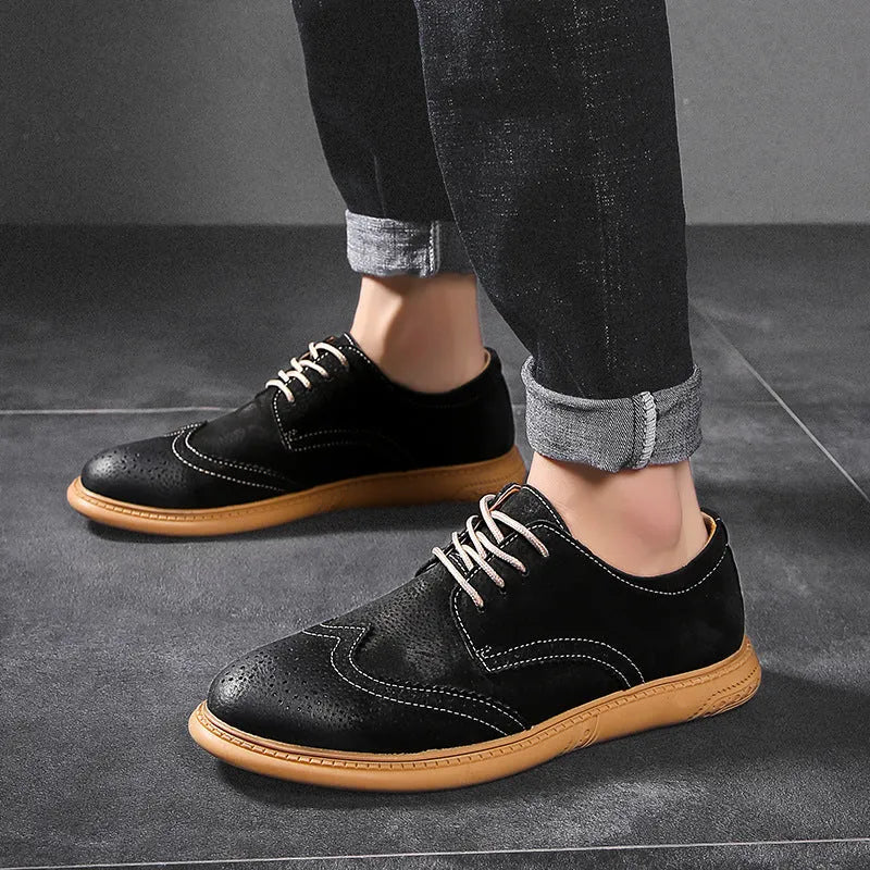 Men's genuine leather business formal shoes in black with lace-up design and rubber sole