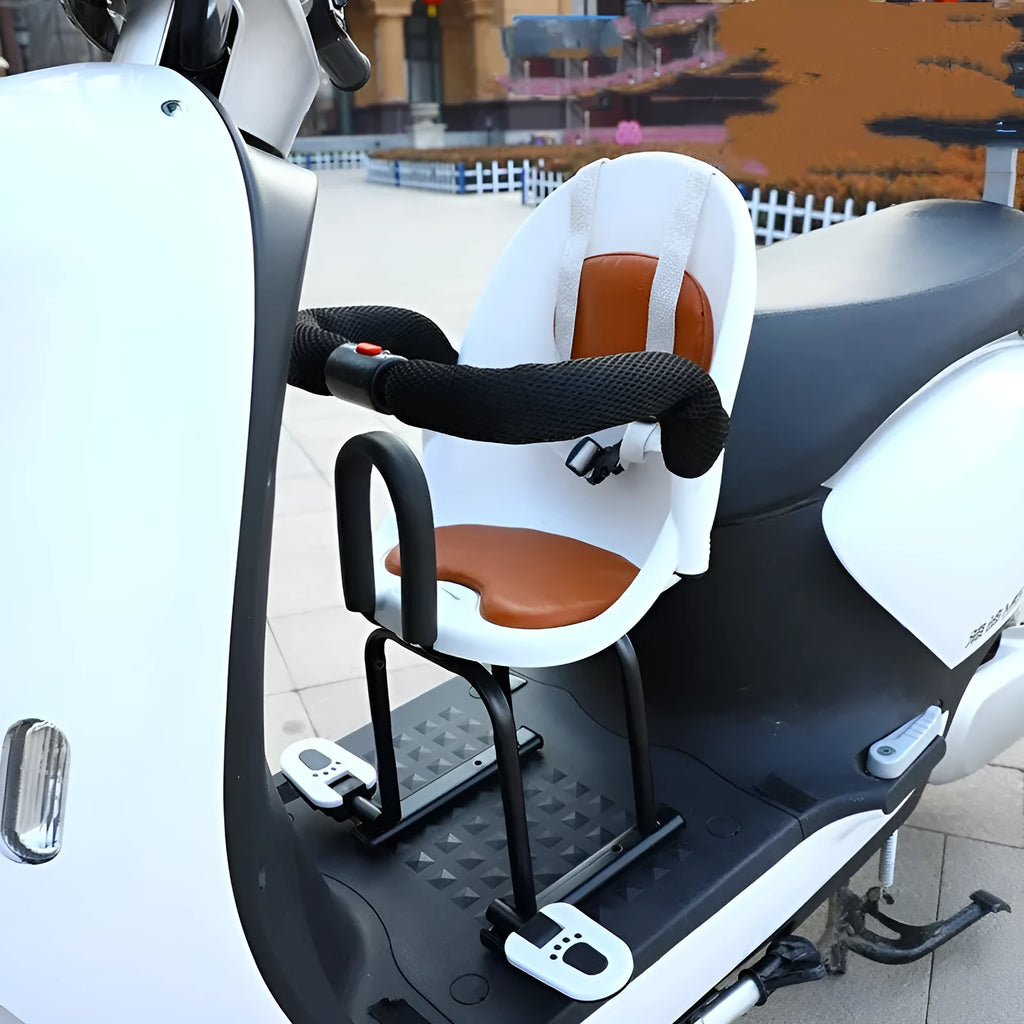 Front-mounted child safety seat for electric scooters in black, red or white with high carbon steel frame