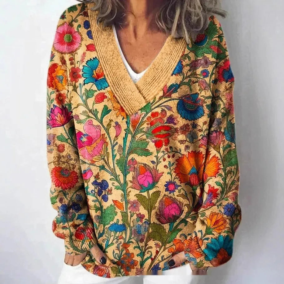 Women's V-neck long sleeve sweatshirt with a detailed 3D floral pattern print in an art retro style.