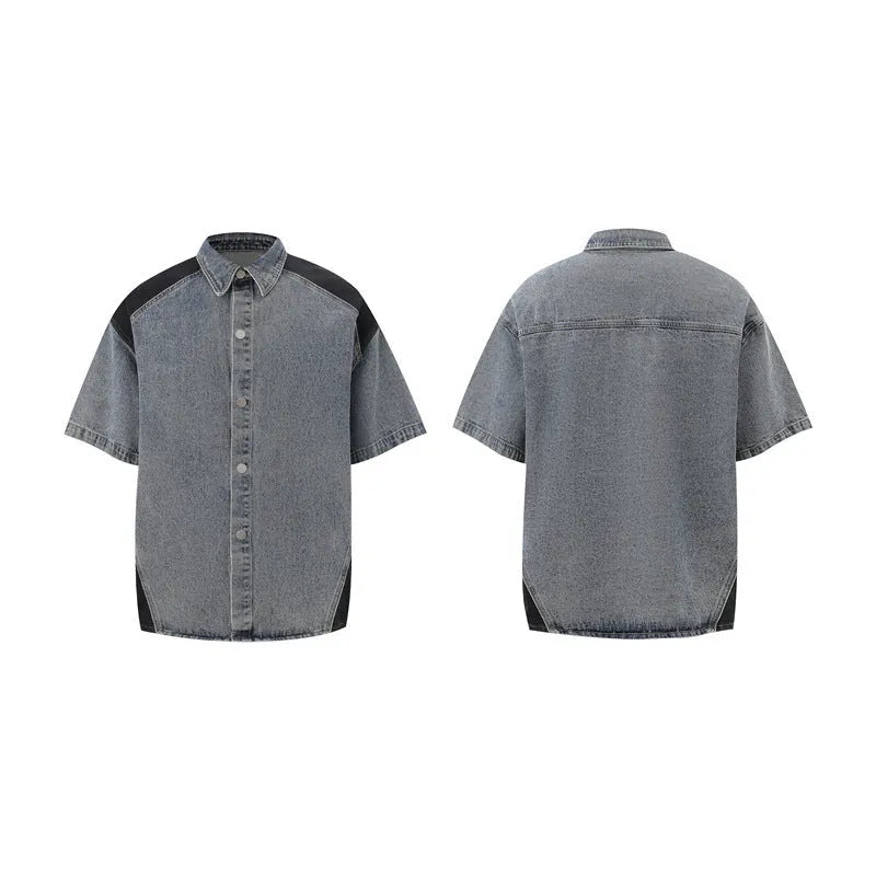 Retro washed denim short sleeve jacket and trousers suit set in blue colour.