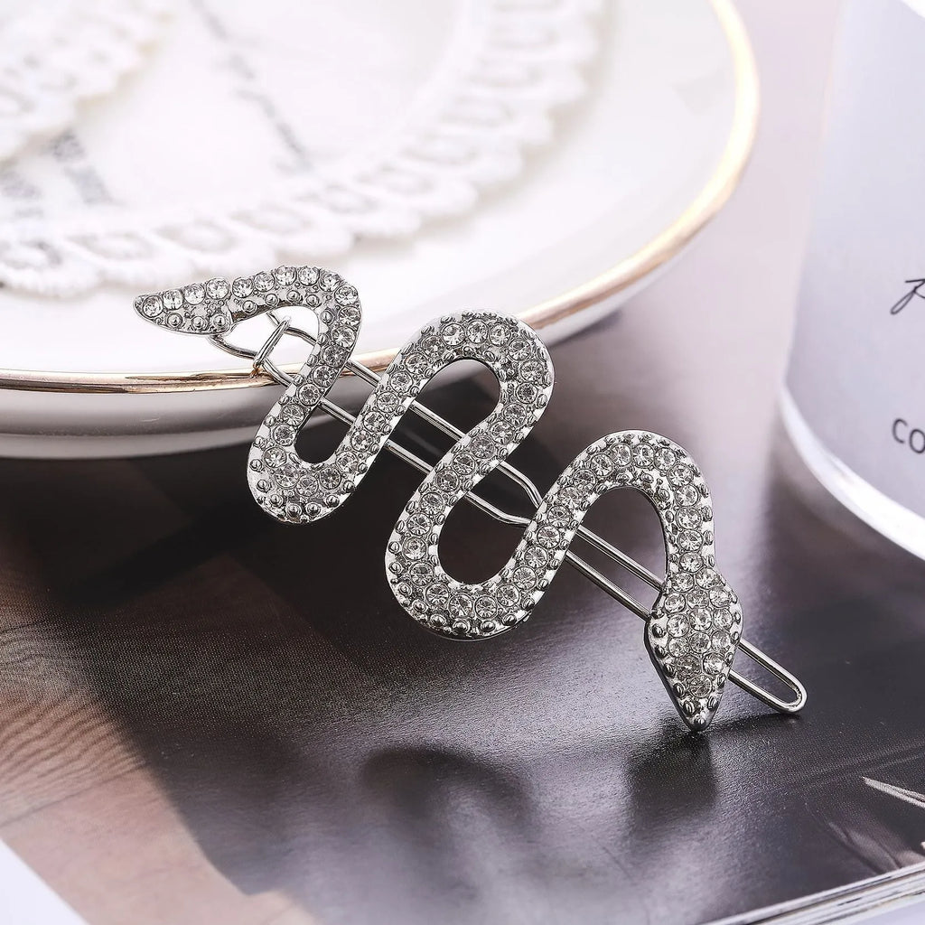 Korean vintage snake design hair clip barrettes in gold and silver with rhinestone detailing