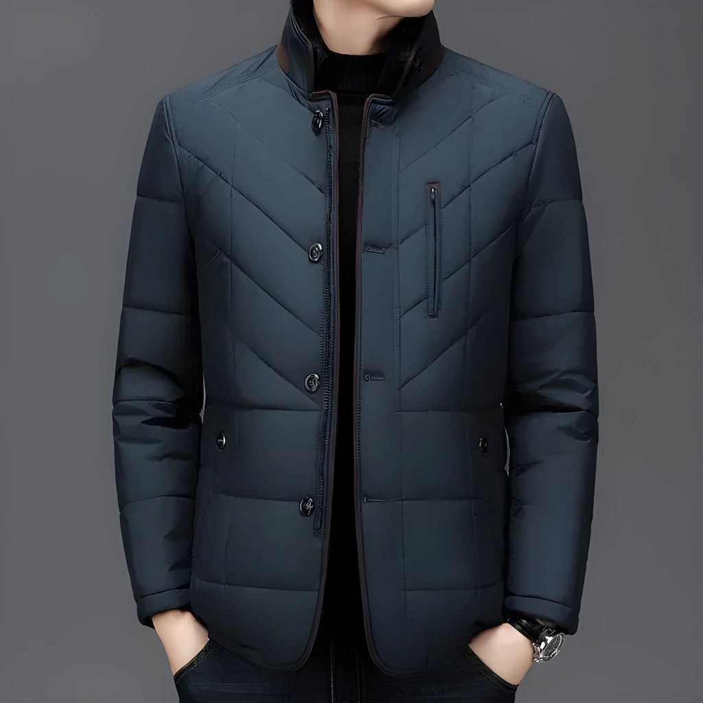 Men's dark blue polyester winter coat with side seam pockets on a hanger