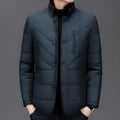 Men's dark blue polyester winter coat with side seam pockets on a hanger