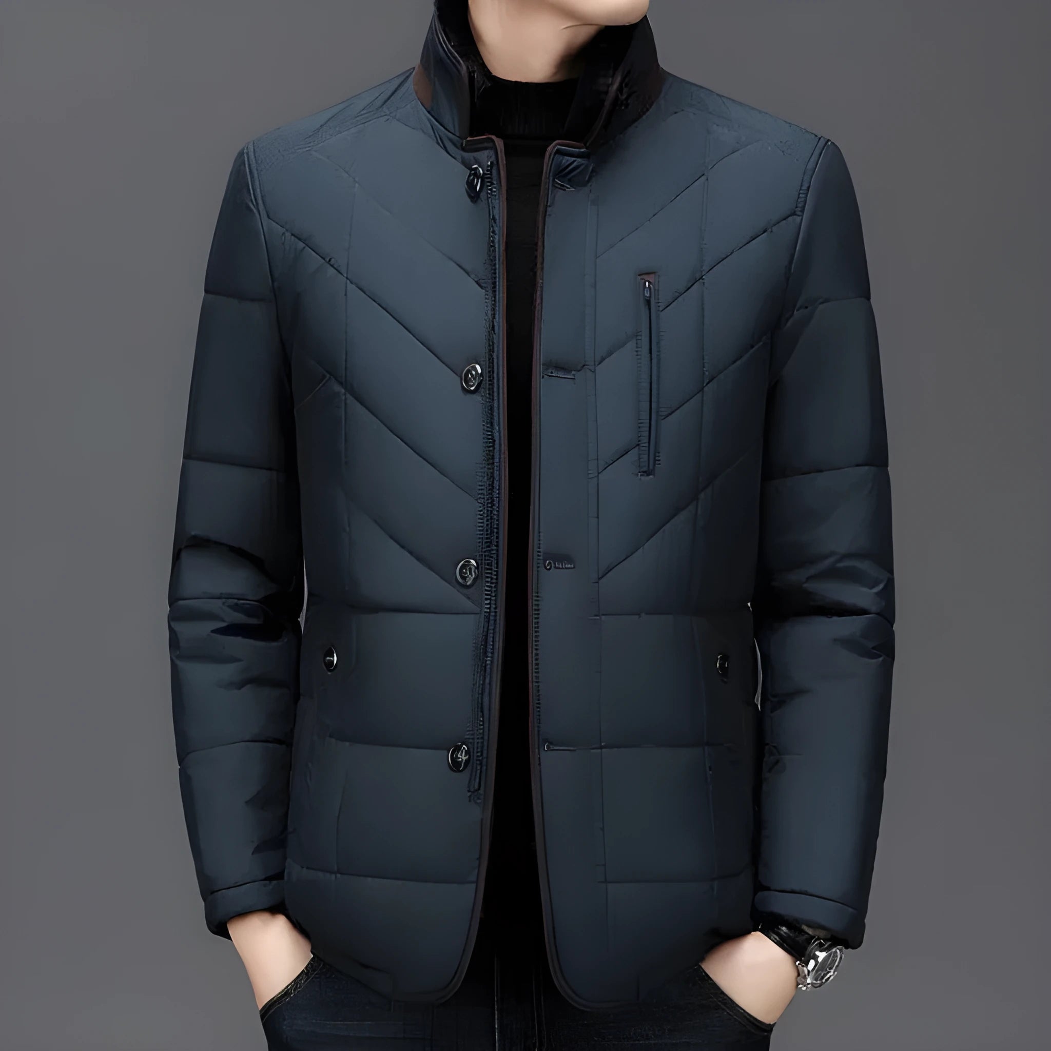 Men's dark blue polyester winter coat with side seam pockets on a hanger