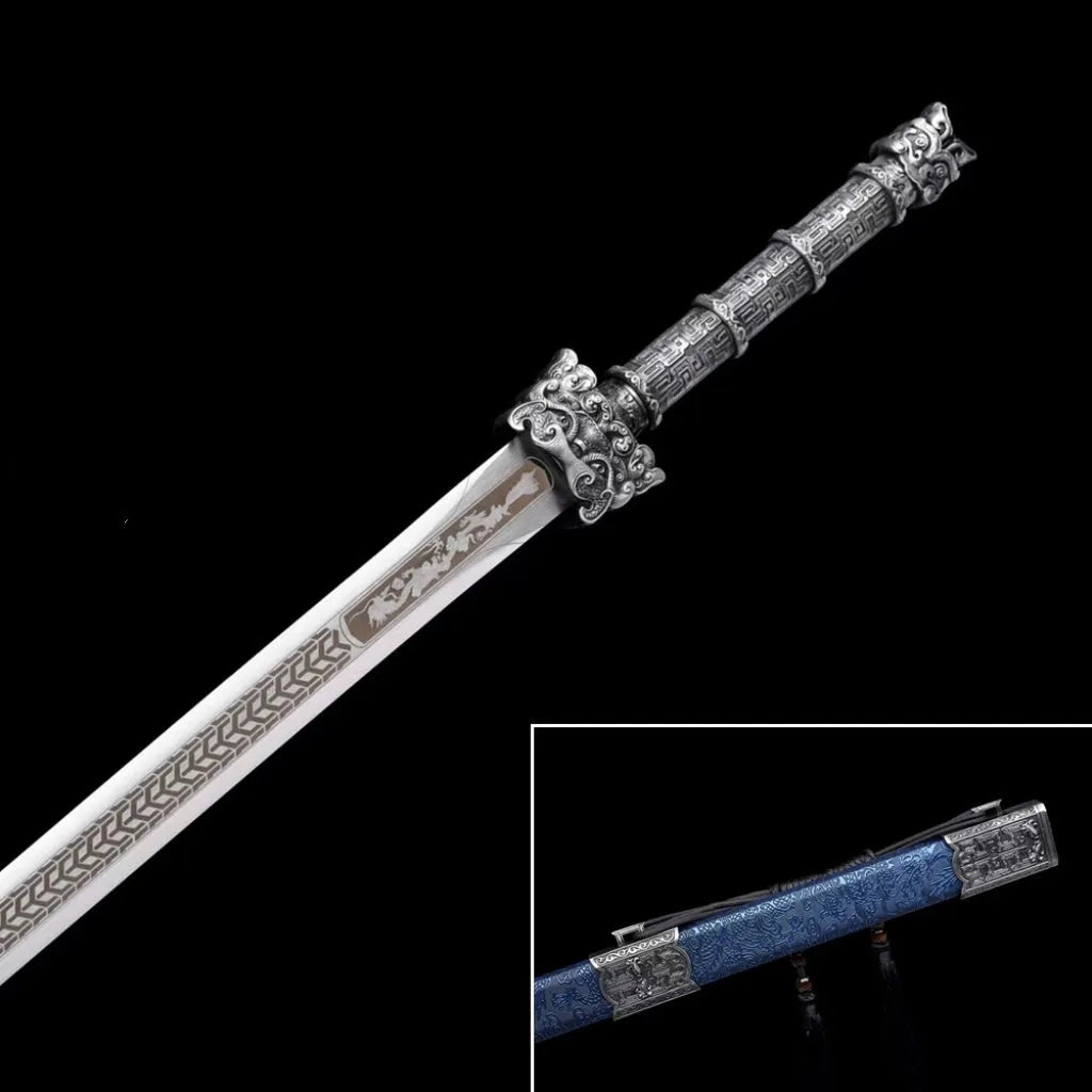 Tang-style long sword, 102cm, unsharpened manganese steel blade, solid wood leather scabbard, alloy fittings, 1.6kg