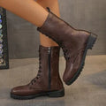 Women's flat mid-calf lace-up boots in brown with hollow design and lace-up front