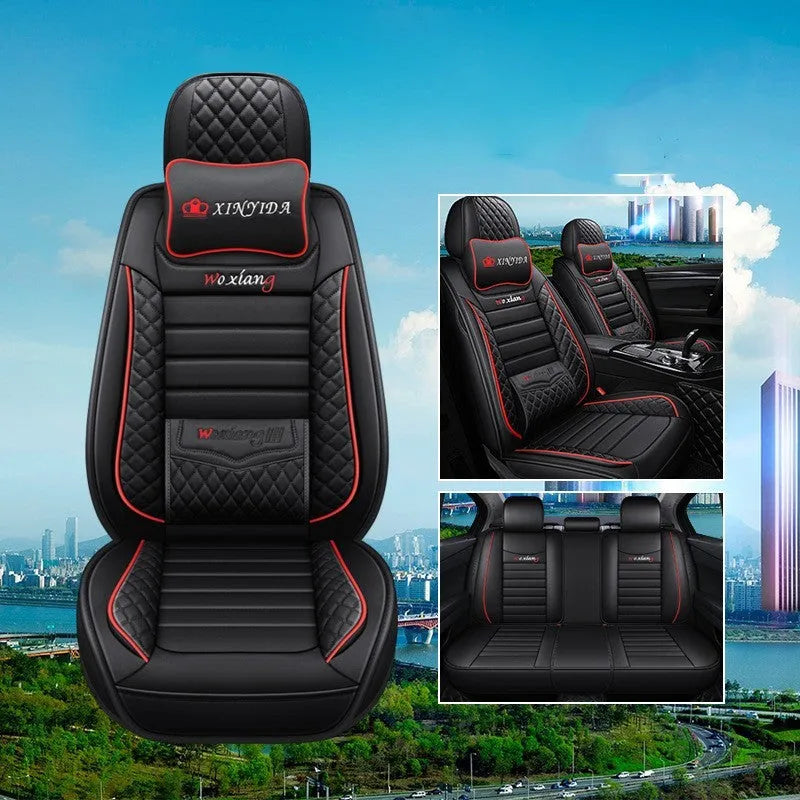 Red leather universal car seat cushion with high elastic sponge filling shown on a car seat.