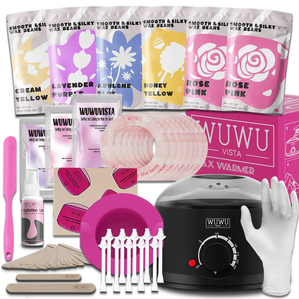 WUWUVISTA 56-piece professional waxing kit with black wax warmer, pots of coloured wax beads, silicone applicators, and aftercare products.