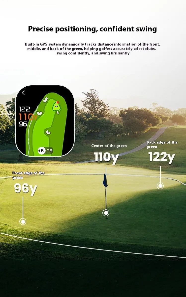 Black GenePro G1 GPS rangefinder with telescope lens and colour touchscreen display.