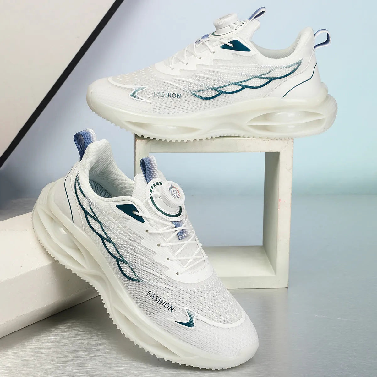 Casual breathable running shoes in sky blue, black gold, or white colours with rubber sole and lace-up closure