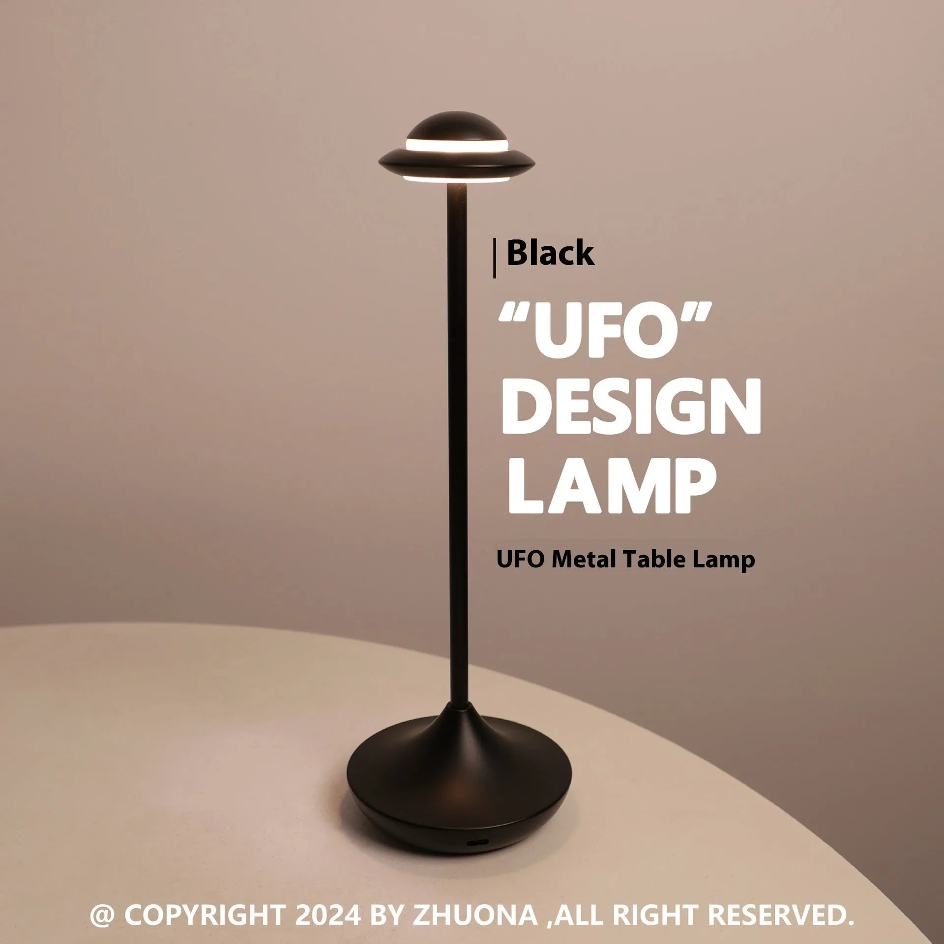 Modern UFO-shaped rechargeable table lamp in gold, grey, or black with touch dimming controls.