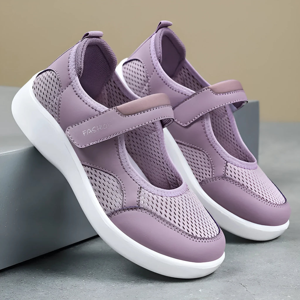 Women's breathable mesh casual shoes with Velcro closure in black, gray, pink, and red colours