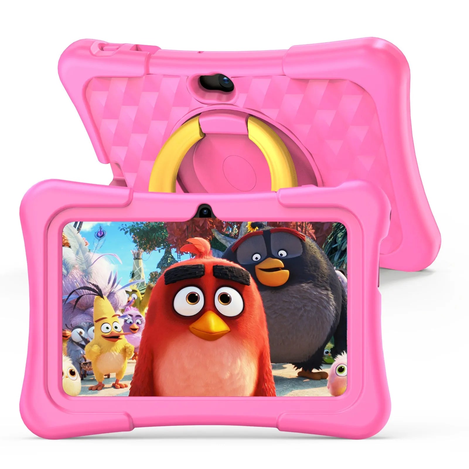 7-inch children's educational tablet with silicone protective cover showing pink and blue colour options