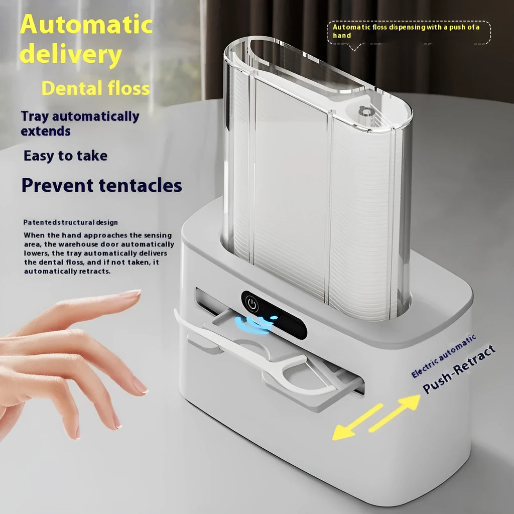 Automatic induction dental floss box in dark grey, gold, or light grey plastic with USB-C charging port.