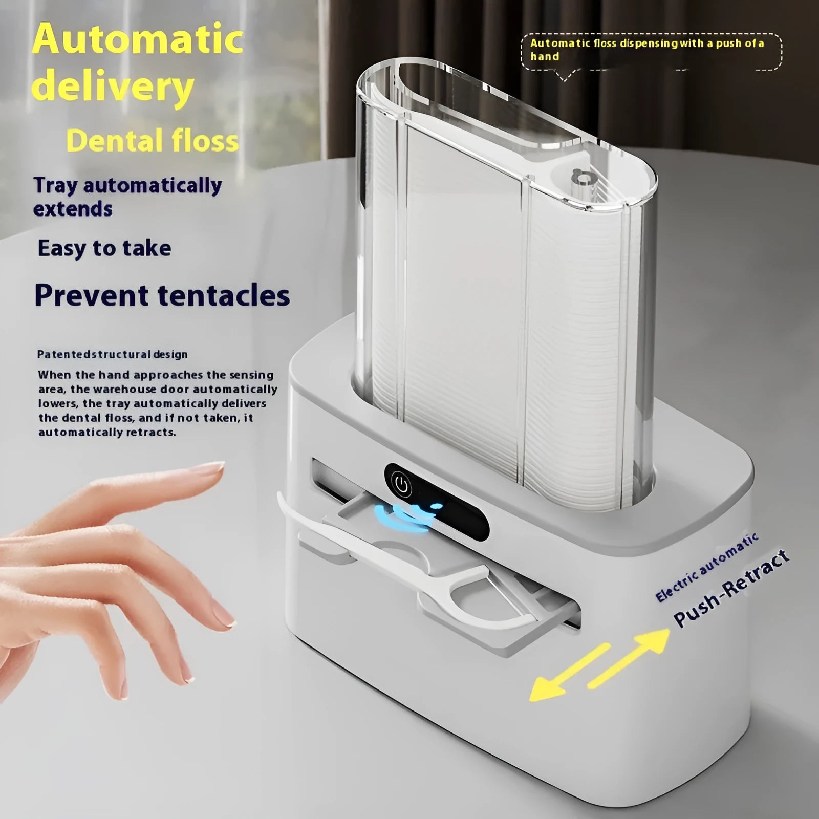 Automatic induction dental floss box in dark grey, gold, or light grey plastic with USB-C charging port.