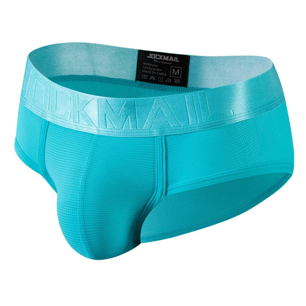 Men's triangle underwear mesh breathable nylon low waist briefs in solid colour black