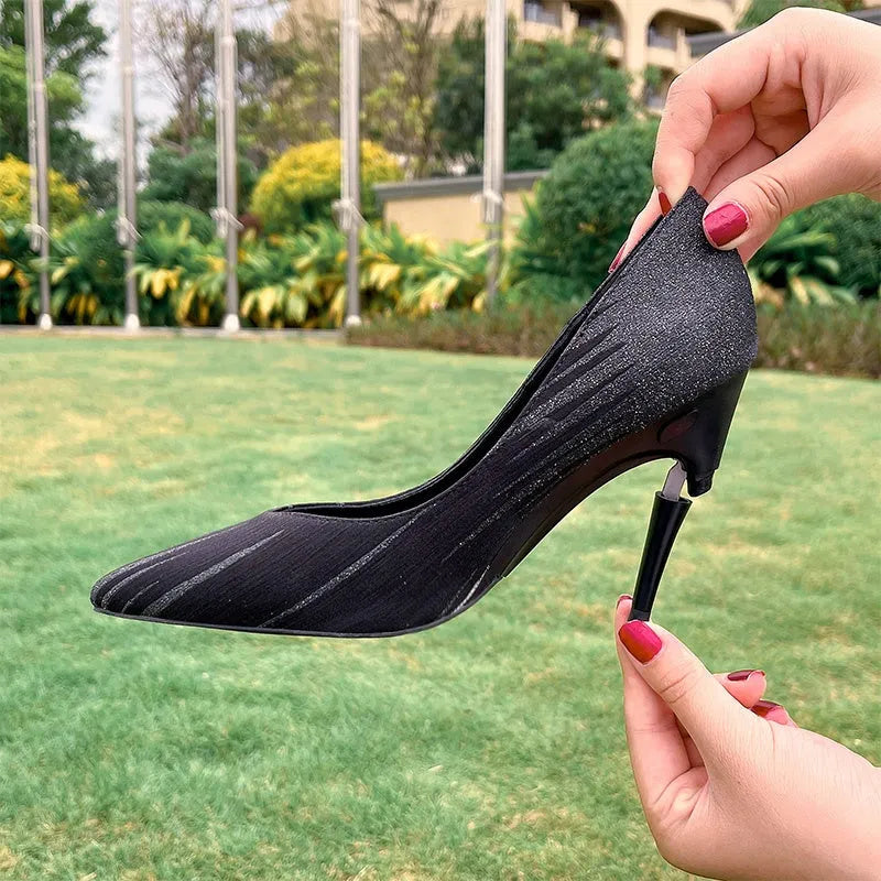 Shallow pointed toe stiletto heels with sequins, 5-8cm heel, in black, light grey, or apricot, sizes 34-39