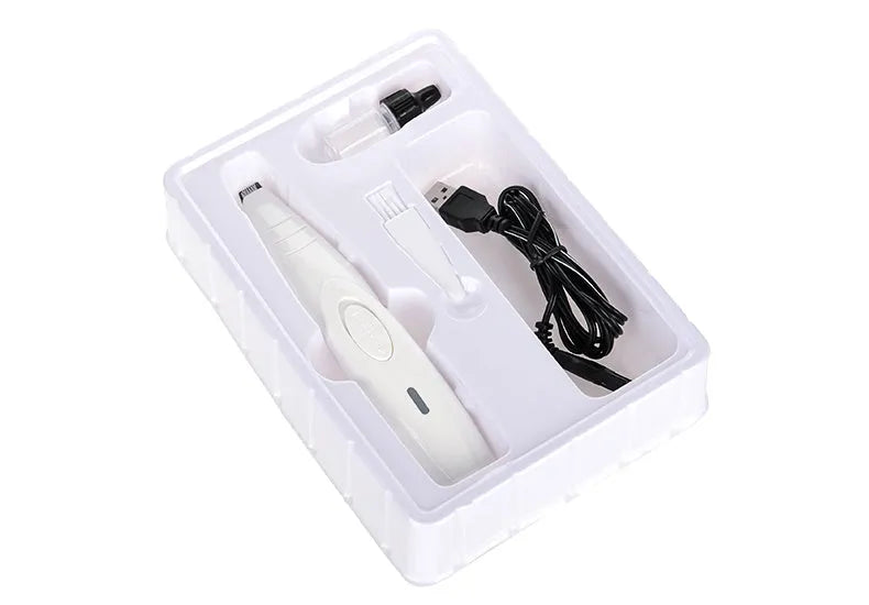 White rechargeable pet grooming trimmer with ceramic blade, USB charging and compact 16cm body for paw and foot trimming