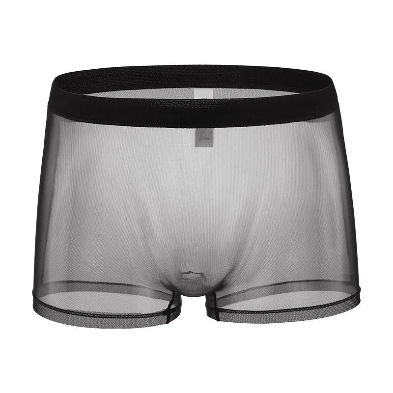 Men's mesh boxer briefs in thin sheer polyester fabric showing low waist design and breathable construction