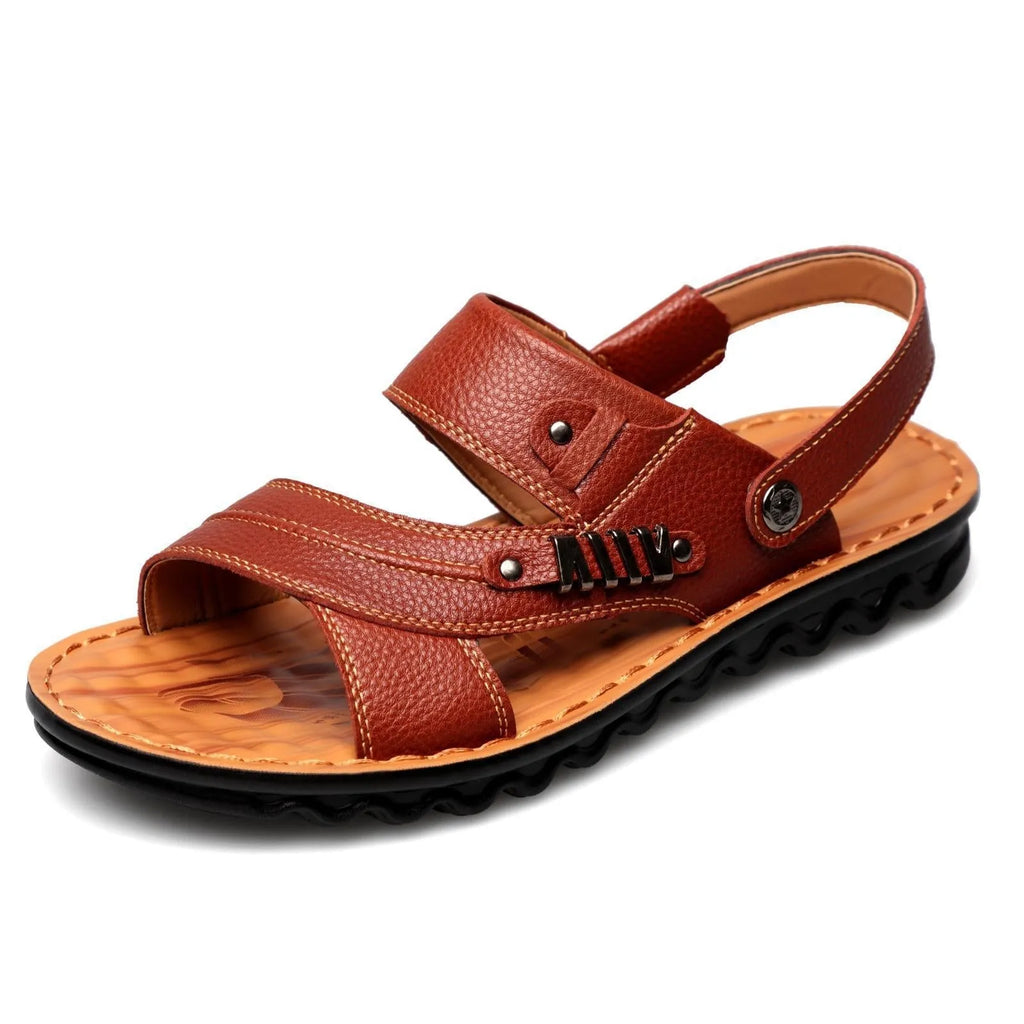 Men's first layer cowhide non-slip beach sandals with open toe in brown colour