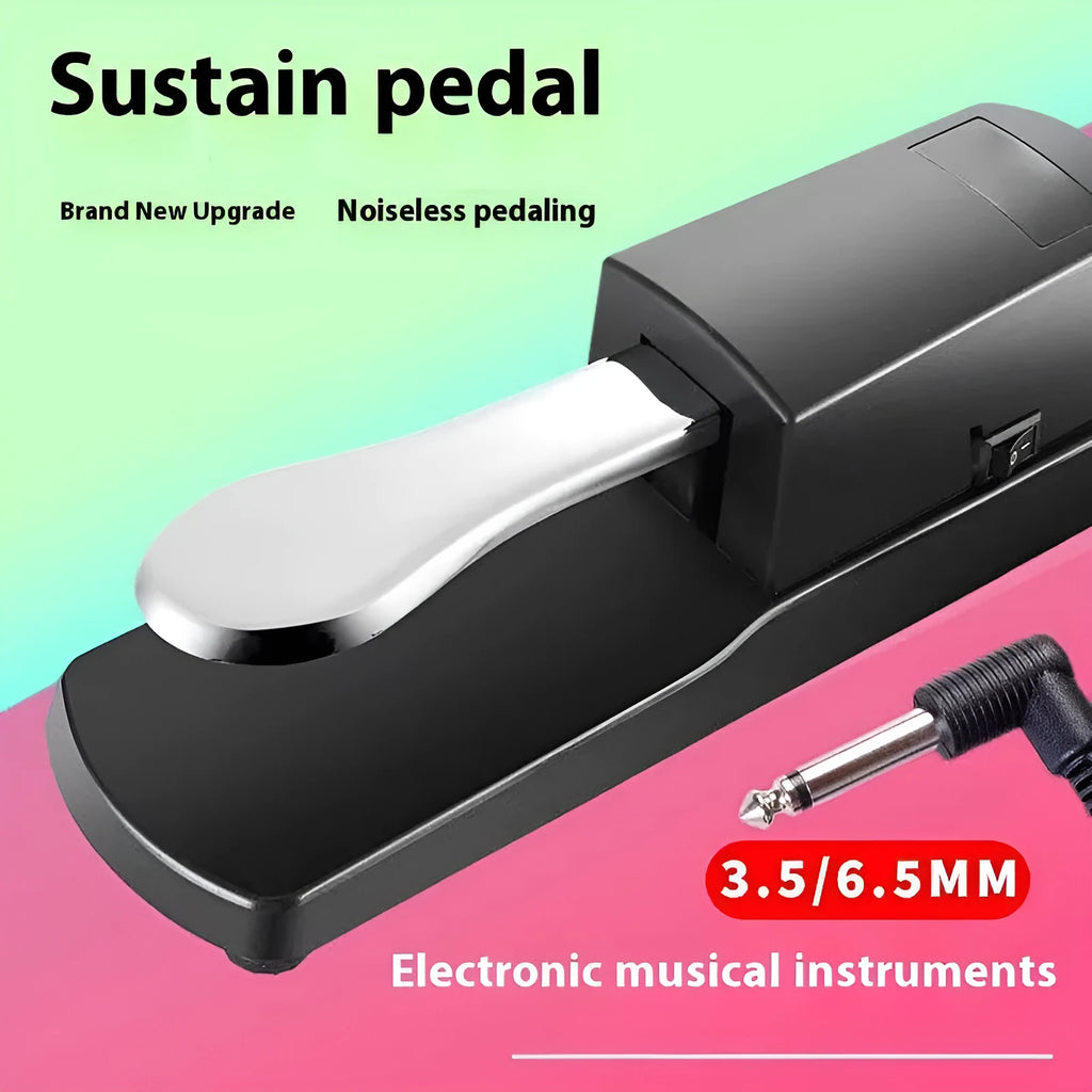 Black electronic keyboard sustain pedal with single-leg design on wooden floor