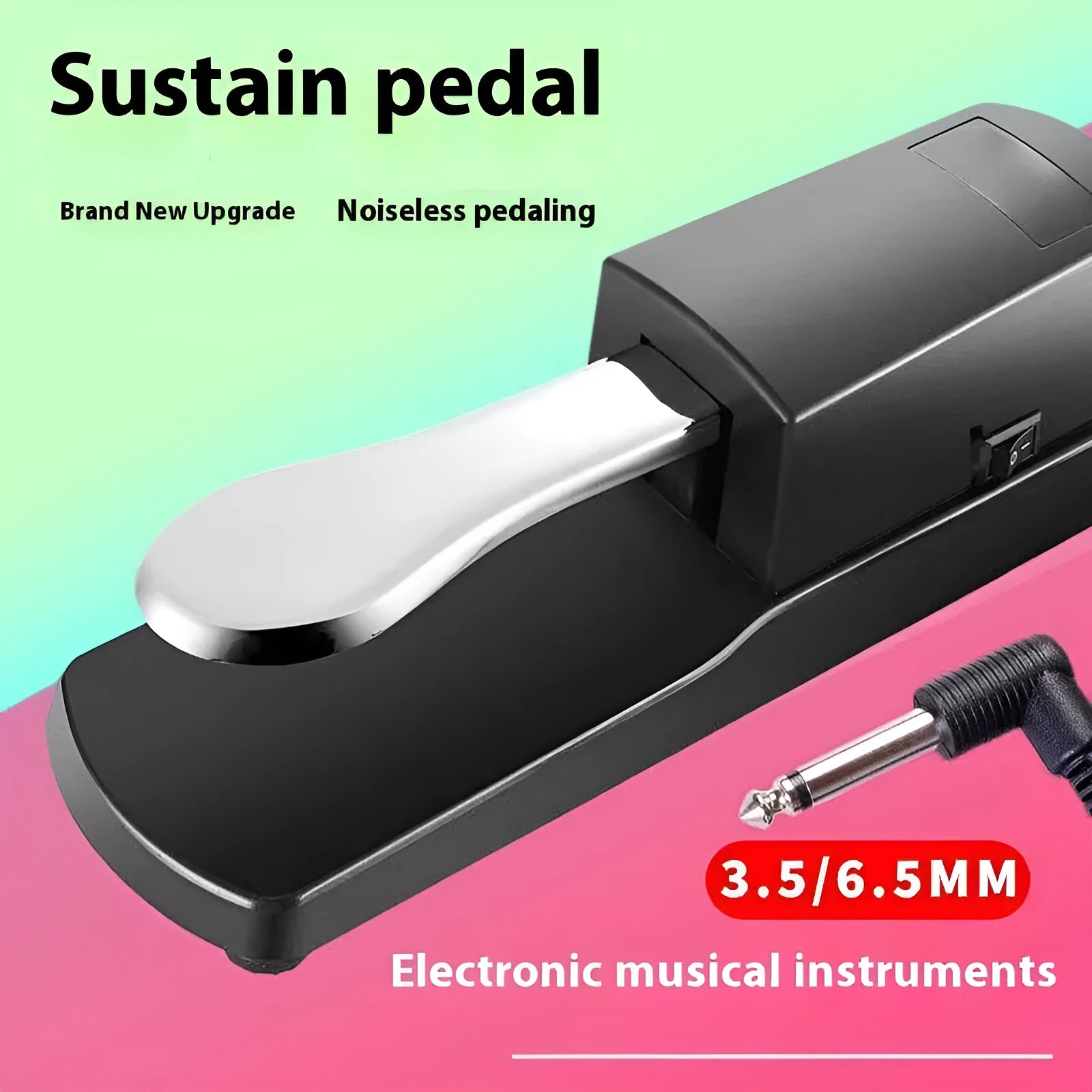 Black electronic keyboard sustain pedal with single-leg design on wooden floor