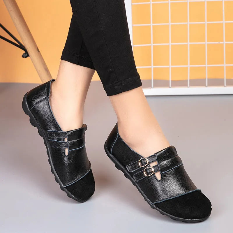 Button brand casual leather flat shoes with a Velcro strap, shown in multiple colours on a white background.
