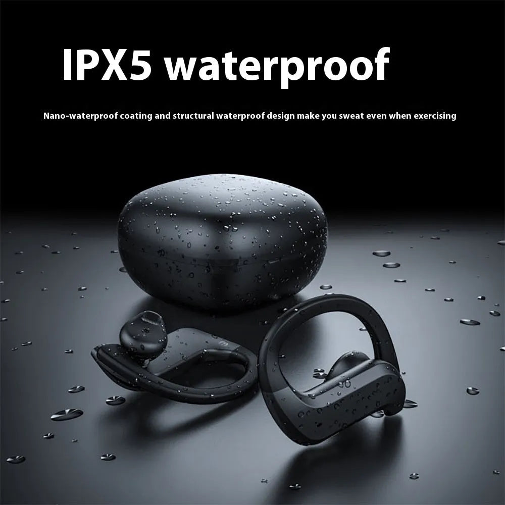 Black plastic ear-mounted wireless TWS Bluetooth headset with digital display screen for battery level