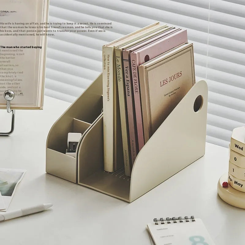 Plastic desktop storage box with two-layer grid organisation in ivory white colour
