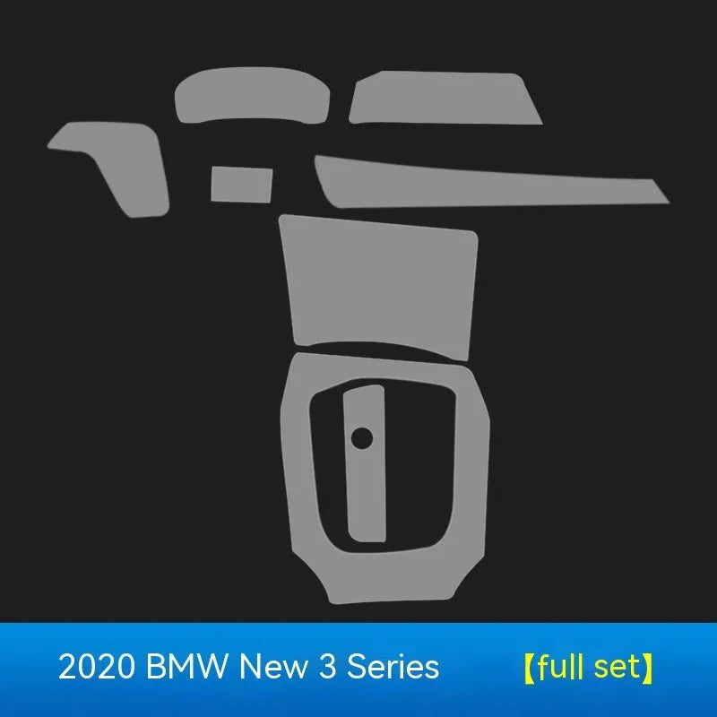 Transparent TPU protective film kit for BMW 3 Series interior dashboard and gear shift.