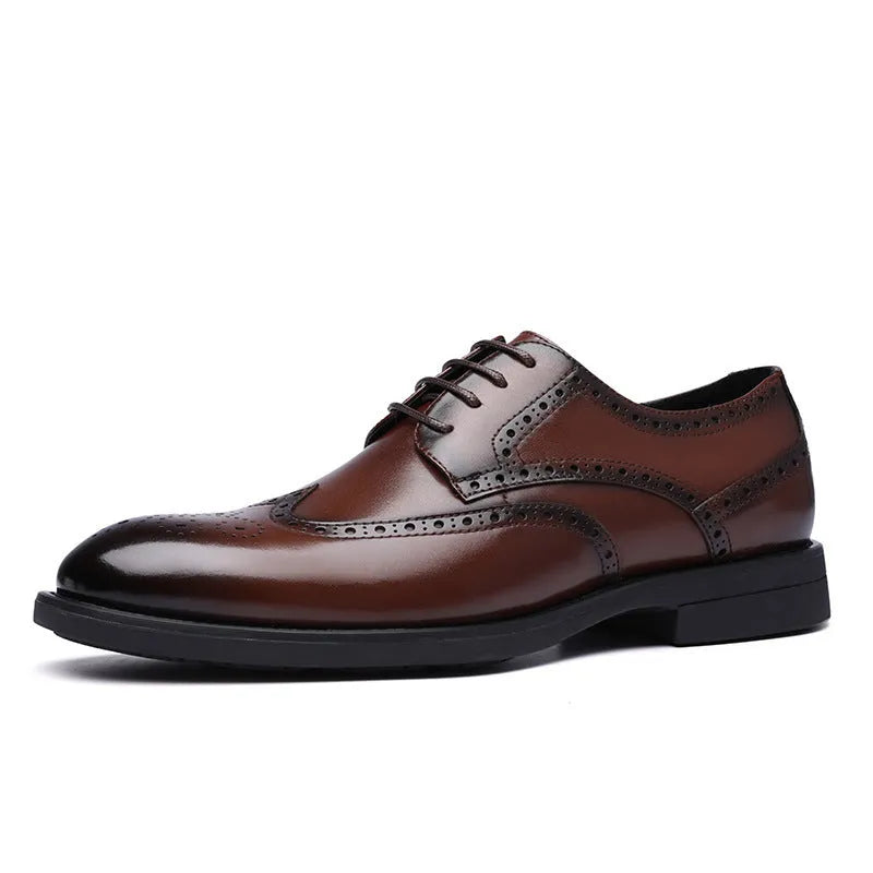 Men's black and brown brogue leather shoes for business wear with traditional detailing