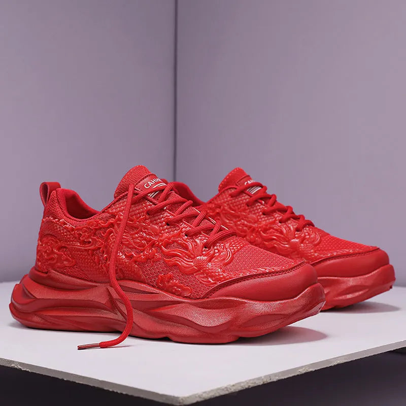 Casual fly knit sneakers with breathable upper and dragon design colour options