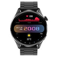 Smart watch with round colour screen and black silicone strap on a wrist
