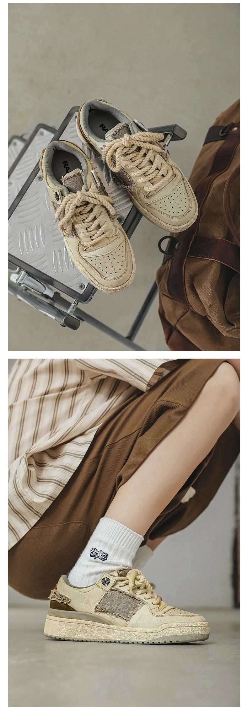 Beige low-top skateboard shoes with vintage patch detail and round toe on a rubber sole.