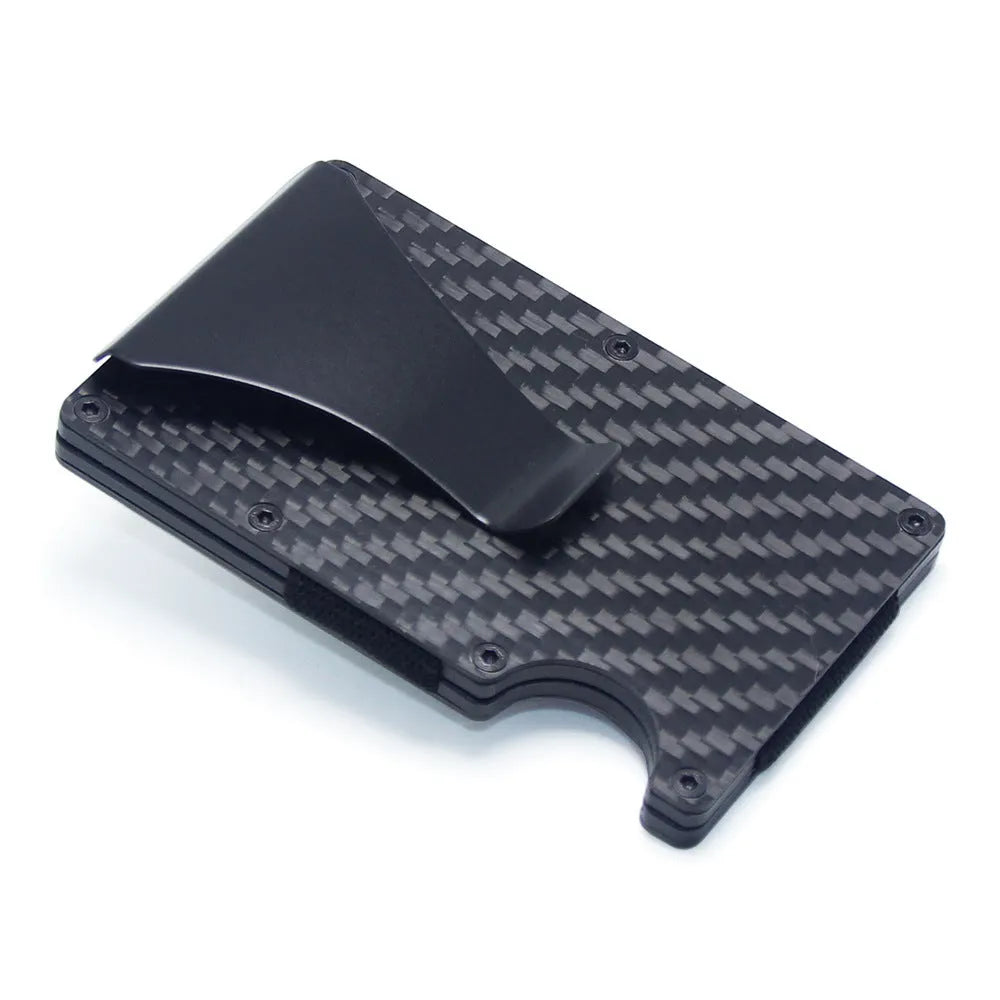 Slim geometry card holder wallet in carbon fibre or aluminium, holds six to fifteen cards, 8mm thick