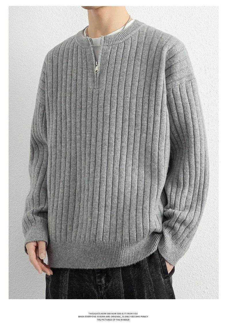 Men's grey half-zip knitted sweater with texture pattern and loose fit design