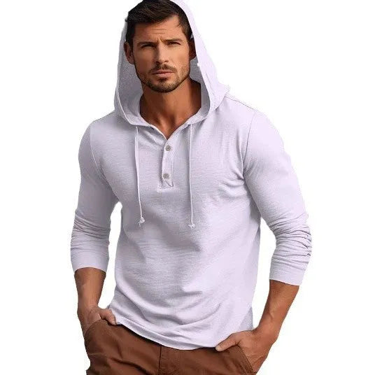 Man wearing a dark blue cotton pullover hoodie with long sleeves, showing front view.