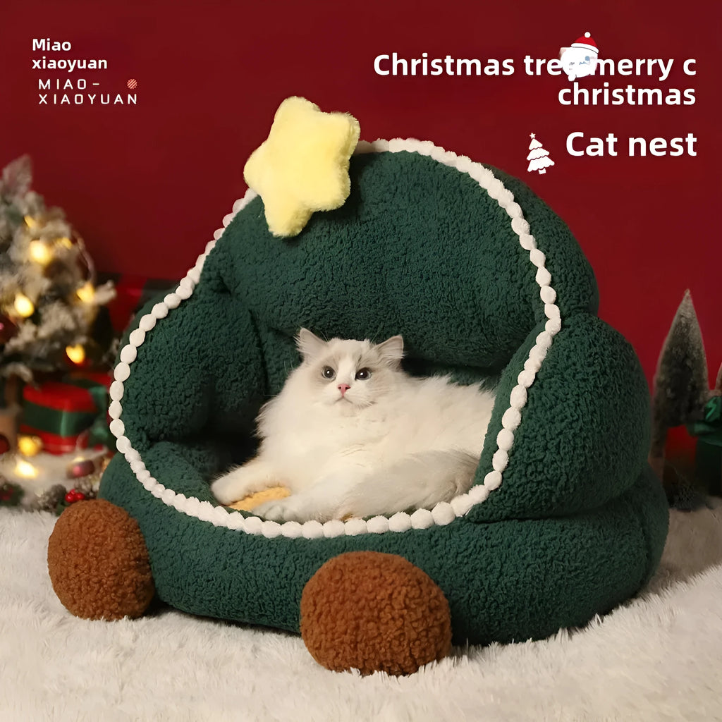 Green Christmas tree cat nest, closed pet bed, warm winter, removable washable cat bed