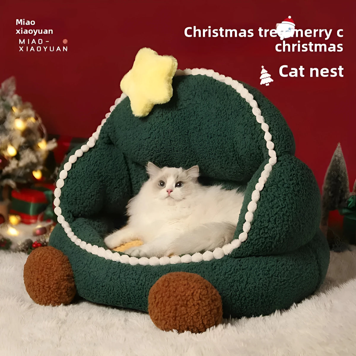 Green Christmas tree cat nest, closed pet bed, warm winter, removable washable cat bed