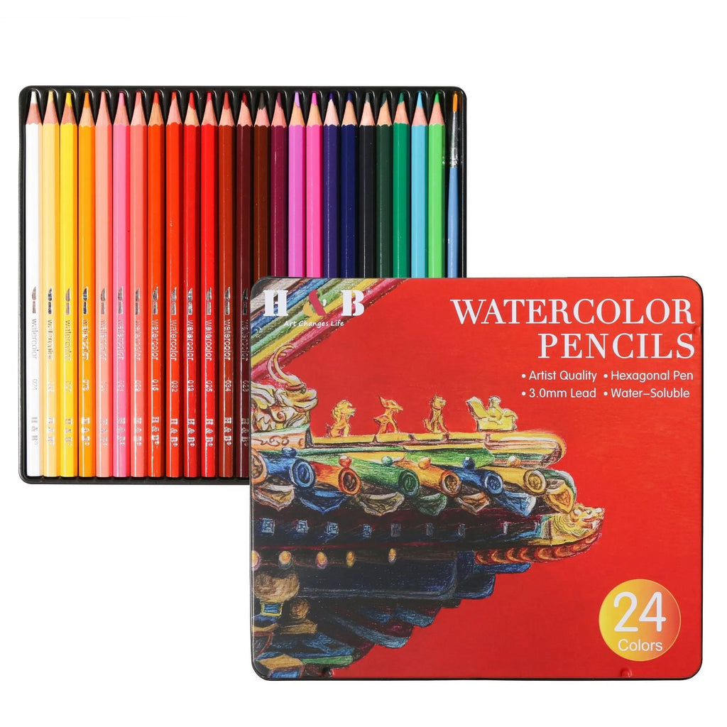 Water-soluble coloured pencil set with 24 colours in iron storage box for drawing and painting