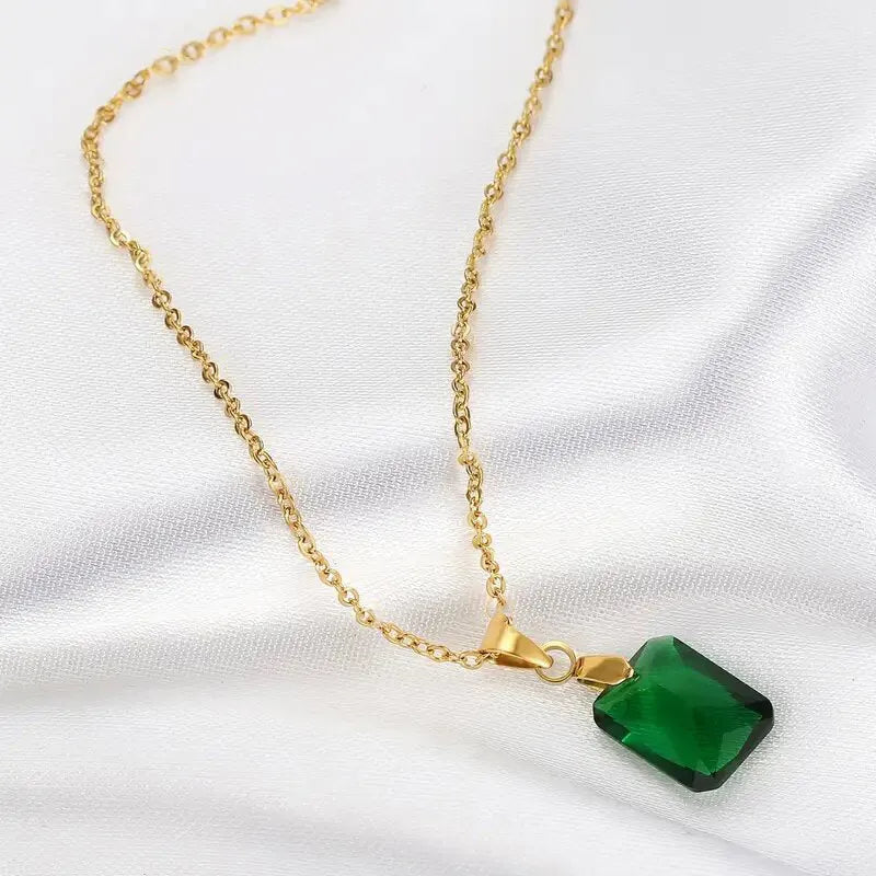 Copper geometric necklace with green rectangular pendant on O-ring chain